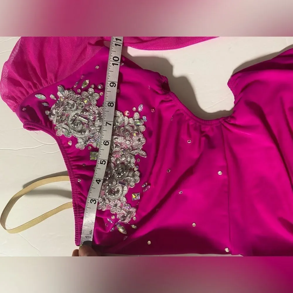 Custom made solo dance costume hot pink rhinestone illusion skirt LC child